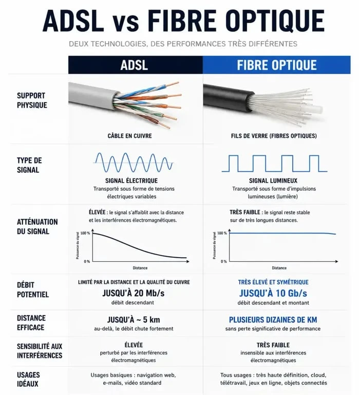 Infographie comparative ADSL et fibre optique : différences de débit et de technologie