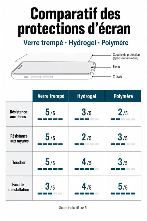 Comparatif des types de vitre de téléphone : verre trempé, hydrogel et polymère