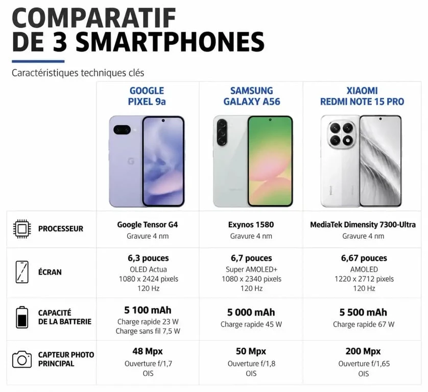 Comparatif des meilleurs smartphones milieu de gamme 2026 : Google Pixel 9a, Samsung Galaxy A56 et Xiaomi Redmi Note 15 Pro