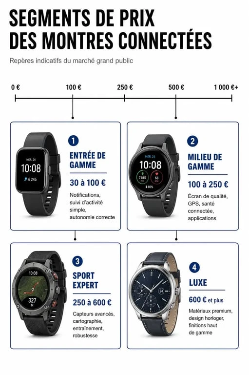 Infographie des fourchettes de prix des montres connectées : de l'entrée de gamme au luxe