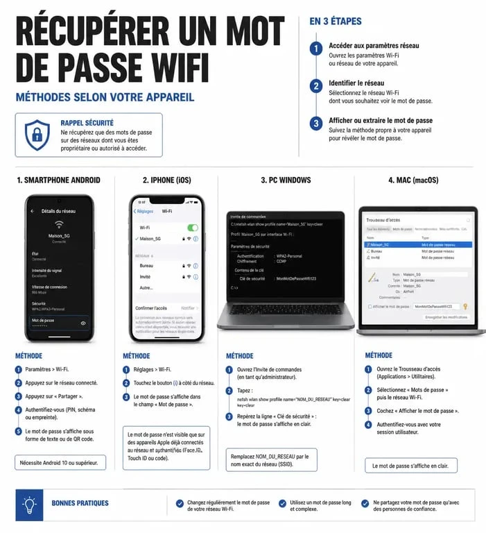 Infographie des méthodes pour retrouver ses mots de passe wifi sur Android, iOS, Windows et Mac