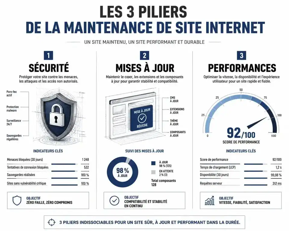 Schéma des trois piliers de la maintenance site internet : sécurité, mises à jour et performances.
