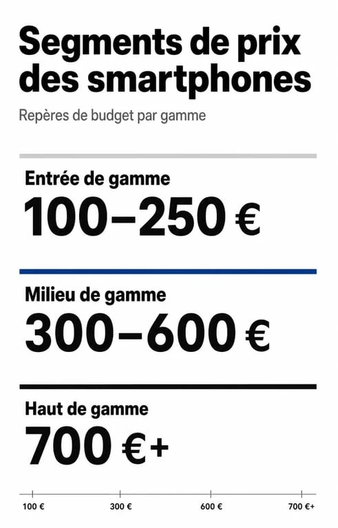 Infographie comparative des segments de prix des smartphones : entrée, milieu et haut de gamme pour le prix portable.