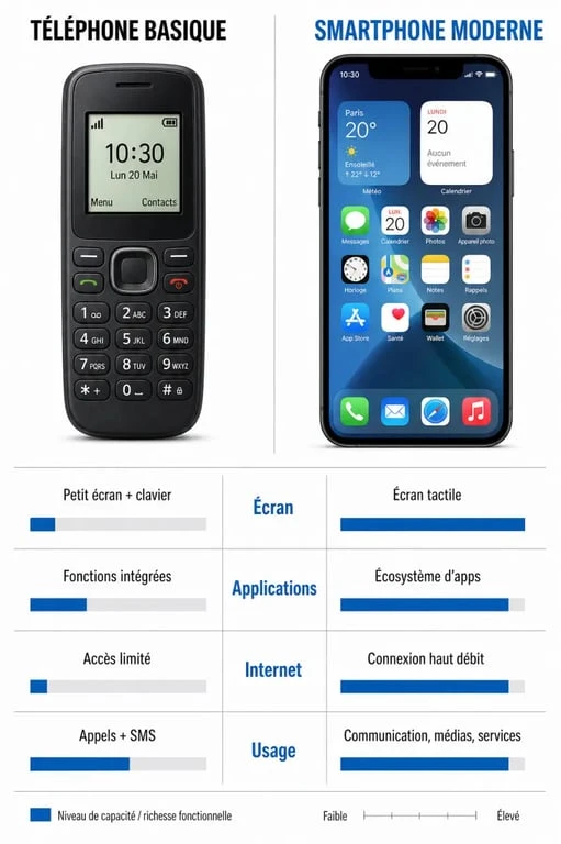 Comparaison visuelle entre un téléphone classique et un smartphone pour comprendre la définition du smartphone