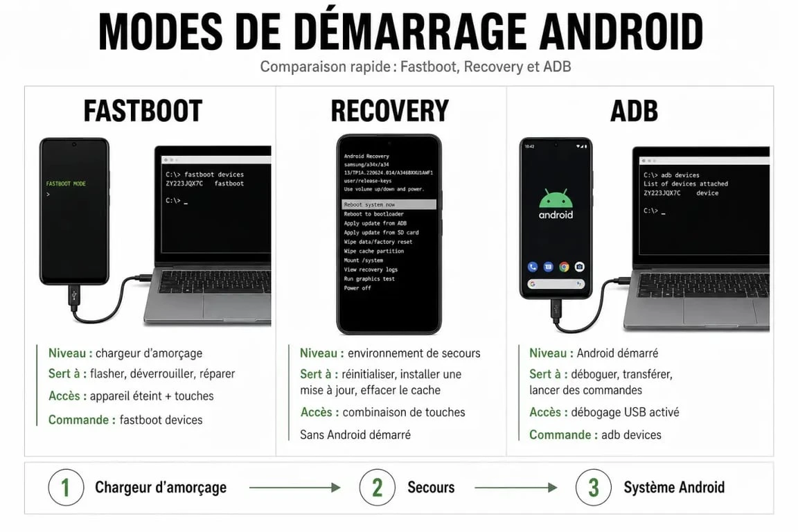 Comparatif technique entre les modes Fastboot, Recovery et ADB sur Android
