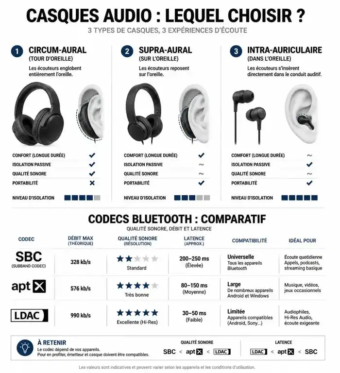 Comparatif des types de casques audio et codecs Bluetooth pour choisir son modèle
