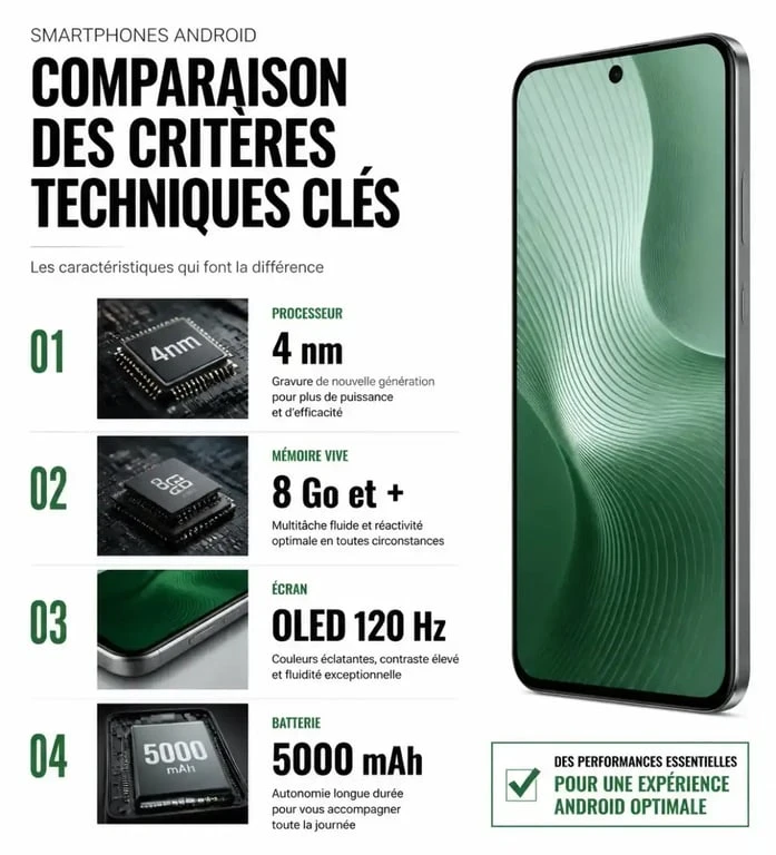 Infographie des critères techniques essentiels pour choisir le meilleur téléphone Android : processeur, RAM, écran et batterie
