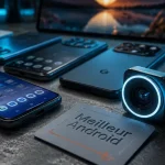Meilleur telephone android : smartphones Android sur table béton, écrans allumés