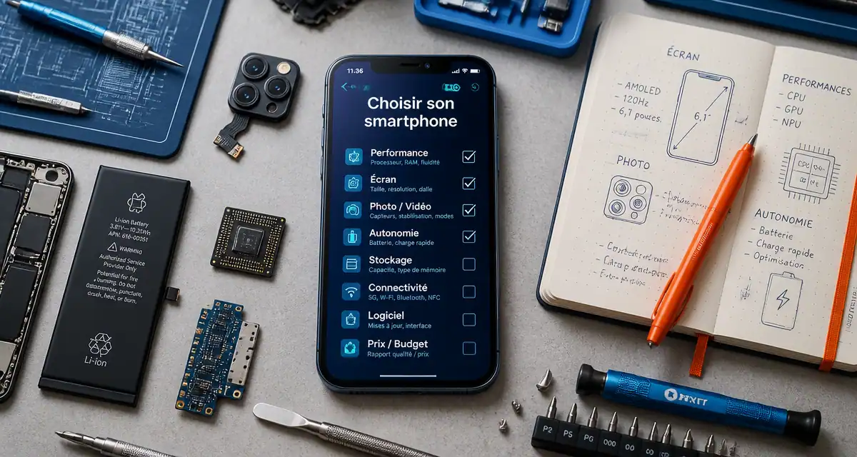 quel smartphone choisir 2026 flat lay bureau checklist