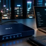 wifi 6 vs wifi 7 : routeur wifi 7 bleu nuit au bureau