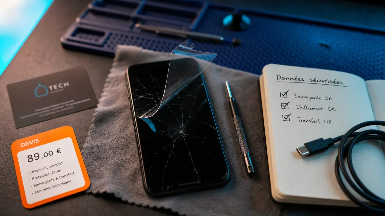 Écran brisé : smartphone avec écran fissuré, réparation