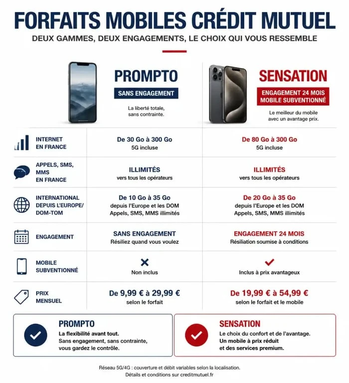 Comparatif des forfaits mobiles Crédit Mutuel Prompto et Sensation