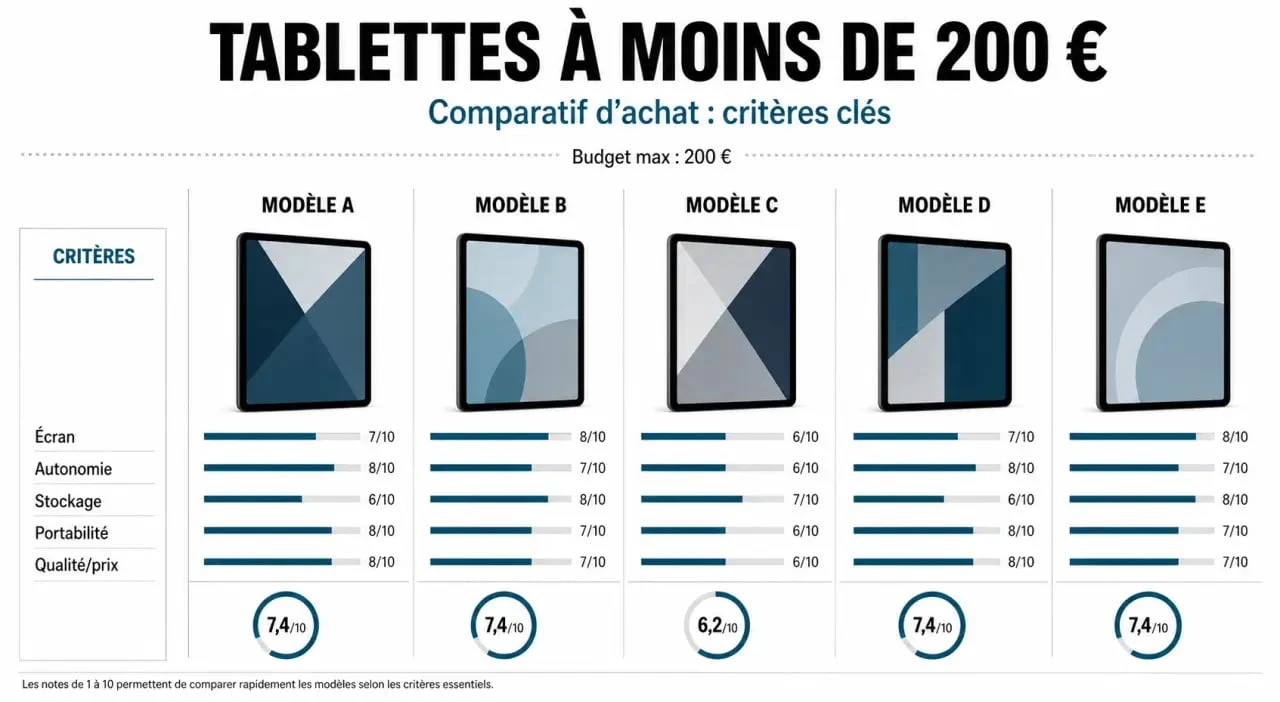 Comparatif des meilleure tablette à moins de 200 euros avec critères écran, autonomie et stockage
