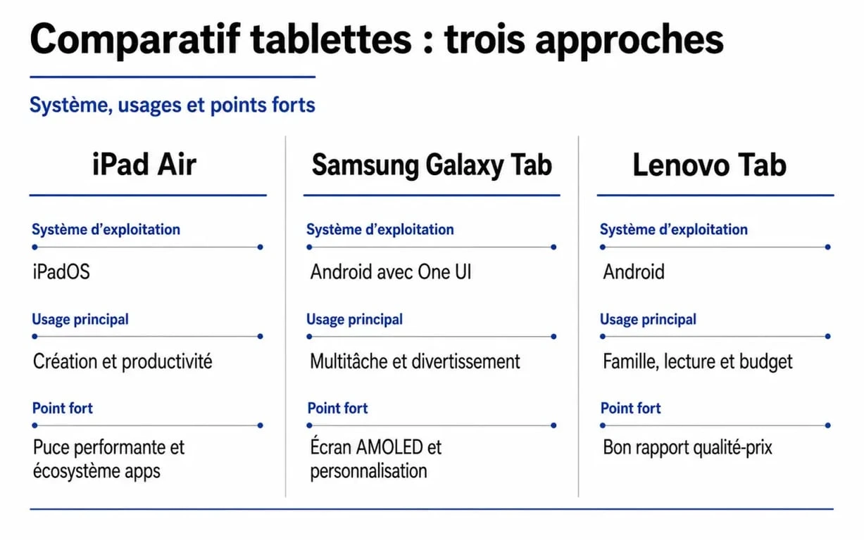 Infographie comparative des meilleures tablettes 10 pouces : iPad Air, Samsung Galaxy Tab et Lenovo Tab