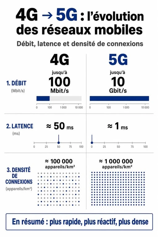 Infographie comparative des performances entre la 4G et la 5G : débit, latence et densité de connexions.