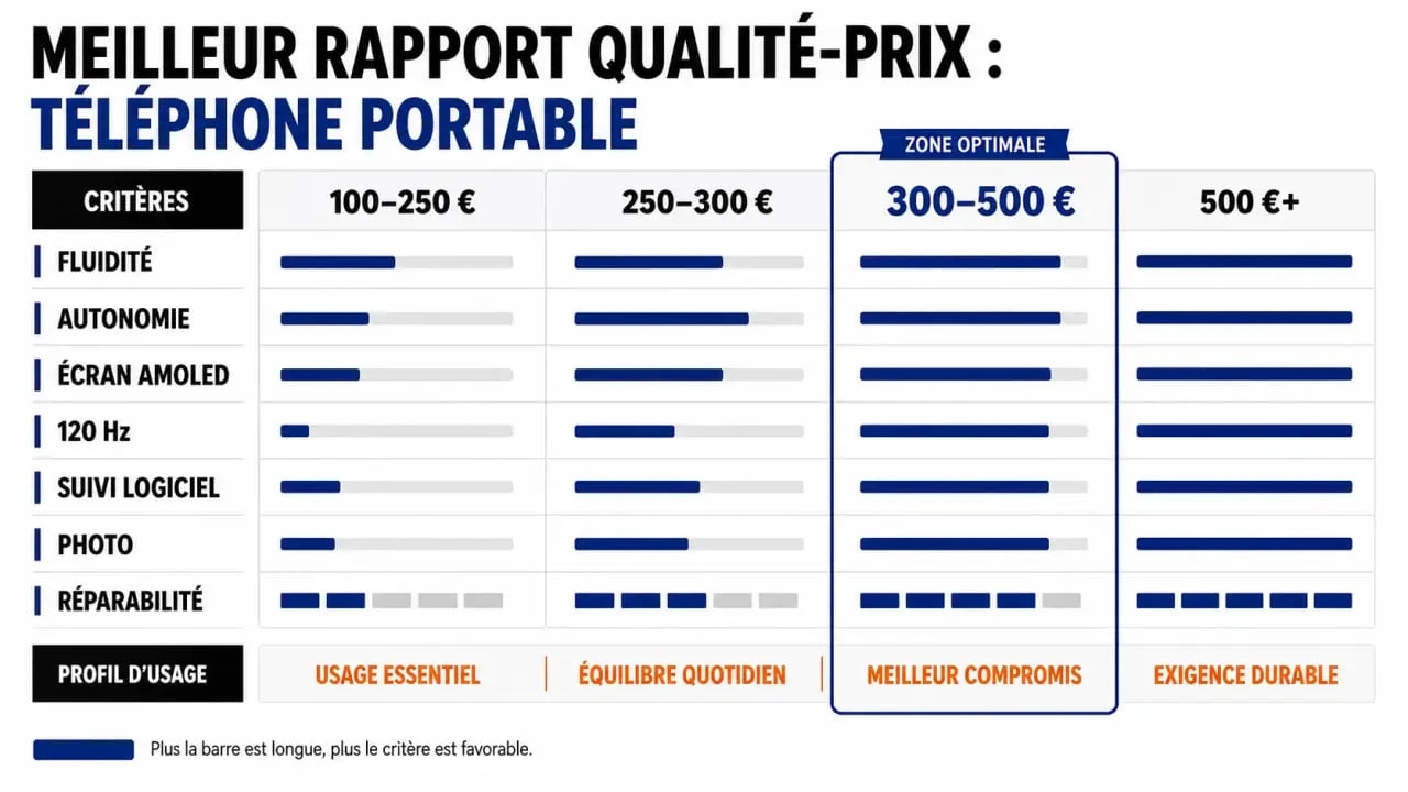 Meilleur rapport qualité prix téléphone portable : infographie comparative des budgets et critères clés