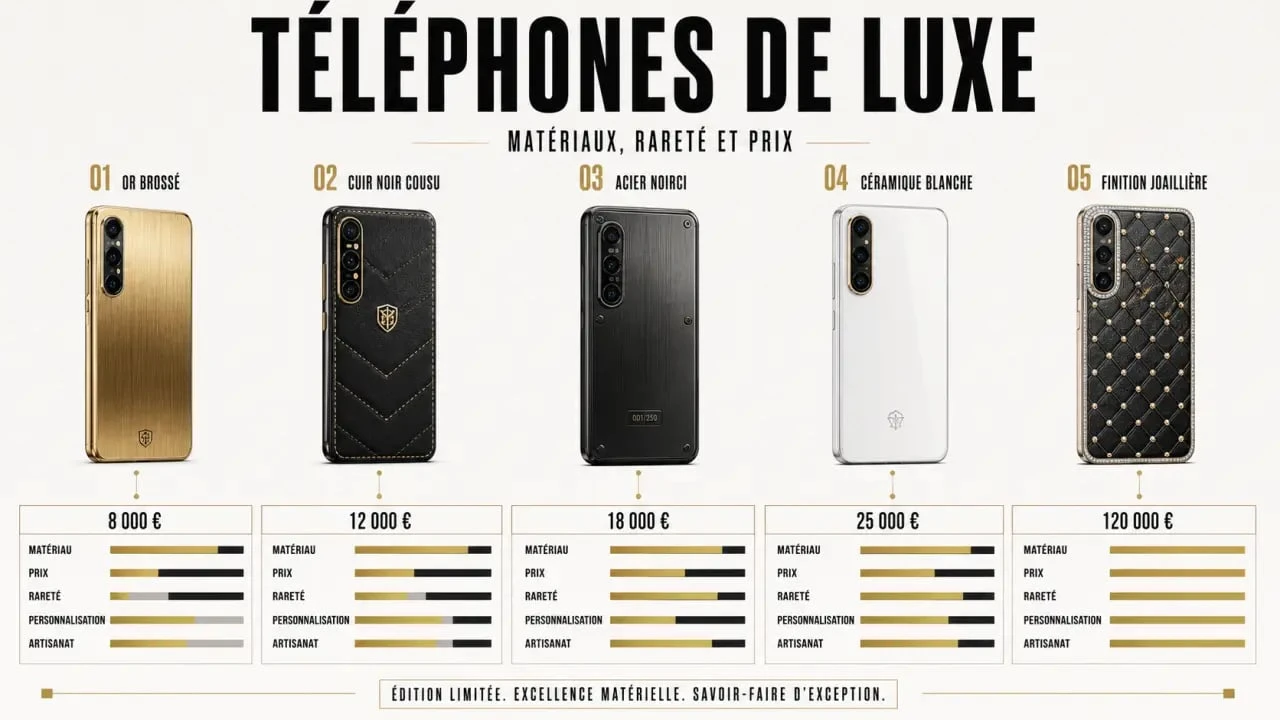Téléphone de luxe : infographie comparative des matériaux, des modèles et des prix
