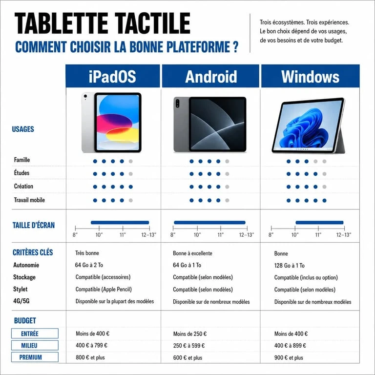Tablette que choisir : comparatif visuel des critères essentiels selon l’usage, le budget et l’écosystème