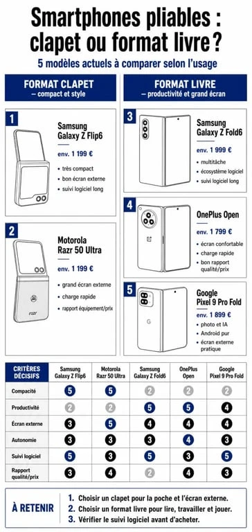 Infographie comparative du meilleur smartphone pliable avec les modèles Fold, Flip et Razr