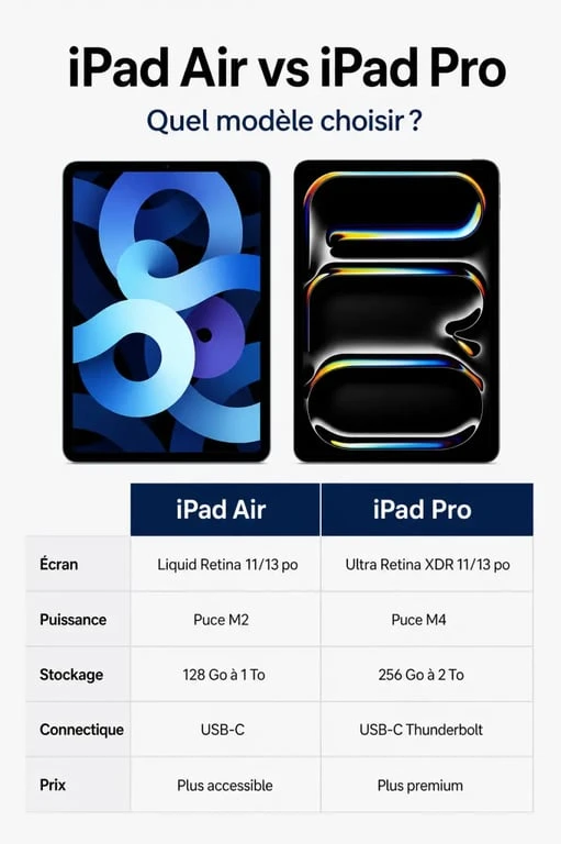 iPad Air vs iPad Pro : infographie comparative des différences principales