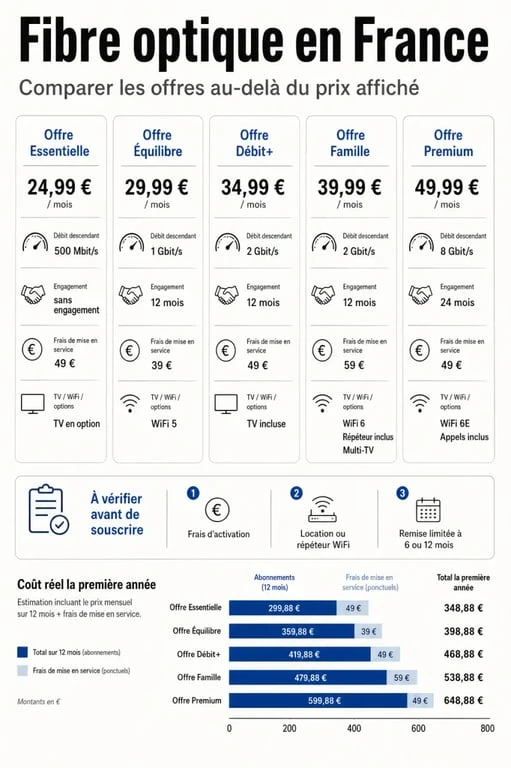 Infographie comparatif fibre optique avec prix, débit, engagement et frais annexes