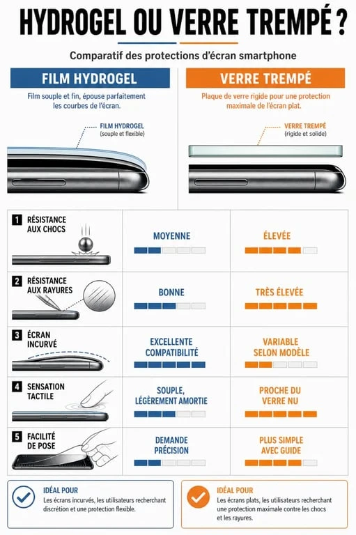 Comparatif film hydrogel ou verre trempé pour smartphone en infographie