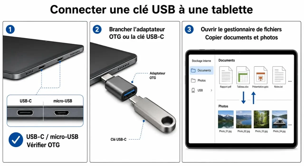 Tablette et clé usb : illustration des étapes pour connecter une clé USB à une tablette avec adaptateur OTG