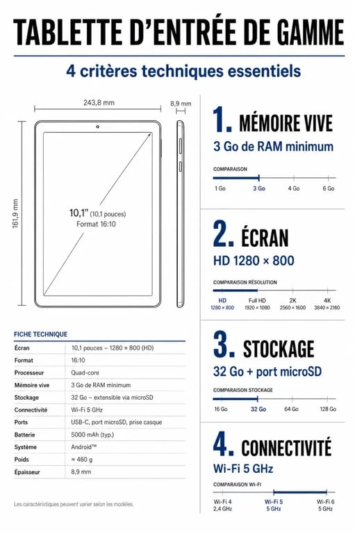 Infographie des critères techniques pour choisir une tablette premier prix performante