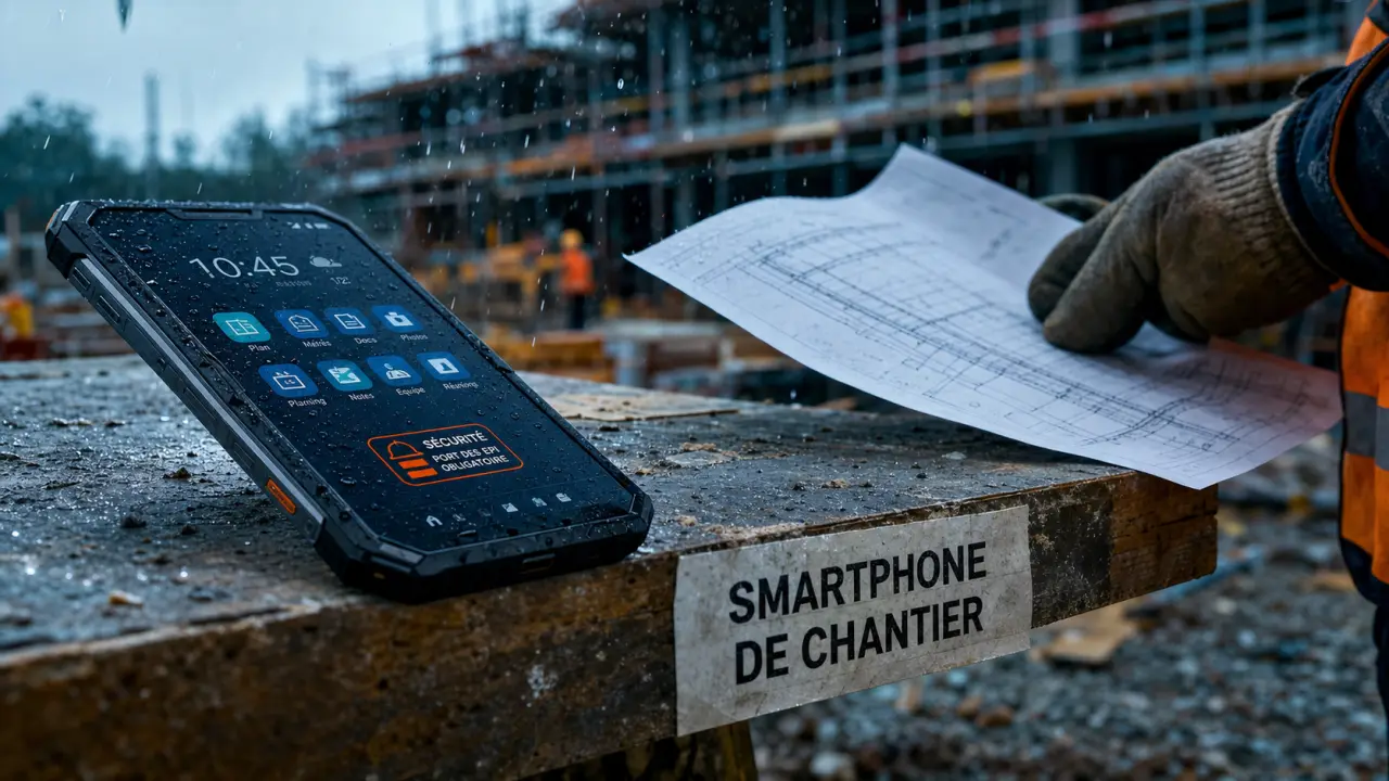 Smartphone de chantier IP68 sous la pluie, écran lisible et bouton SOS