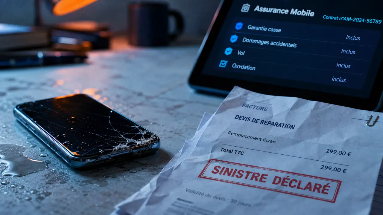Assurance téléphone cassé : smartphone écran fendu sur carrelage