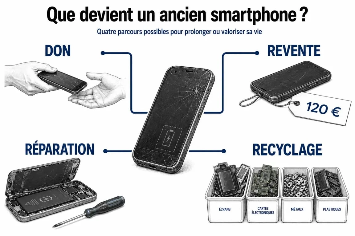 recyclage telephones mobiles : parcours d’un ancien smartphone vers le don, la revente, la réparation ou la collecte