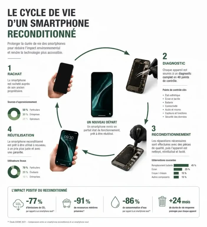 Infographie sur le processus de rachat et de reconditionnement de téléphone portable pour une économie circulaire.