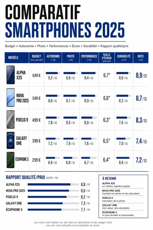 Comparatif smartphone 2025 en visuel éditorial avec budget, autonomie, photo et durabilité