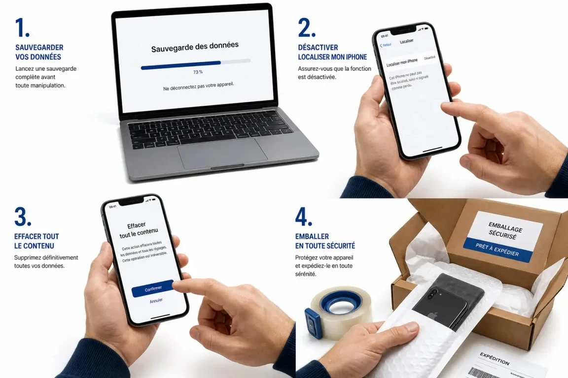 Préparation pour revendre son iphone avec sauvegarde, désactivation de Localiser et emballage sécurisé