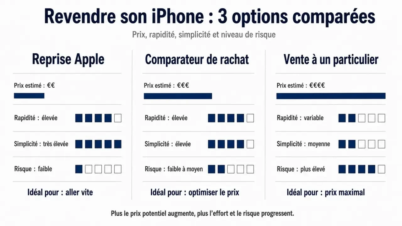 Comparaison pour revendre son iphone entre reprise Apple, comparateur de rachat et vente à un particulier