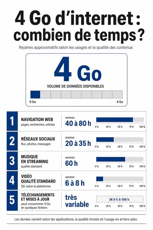 Infographie 4go internet combien de temps avec comparatif des usages mobile