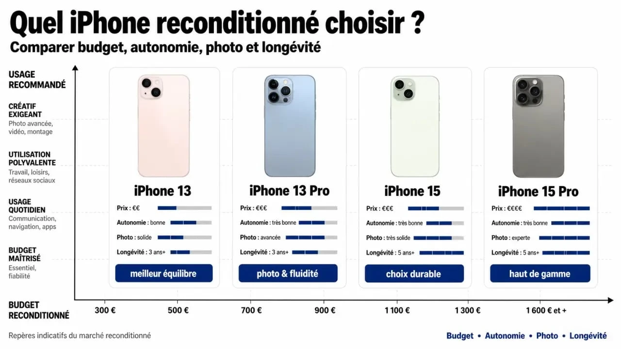 Comparatif des meilleurs iphones reconditionnés par budget, autonomie et usage