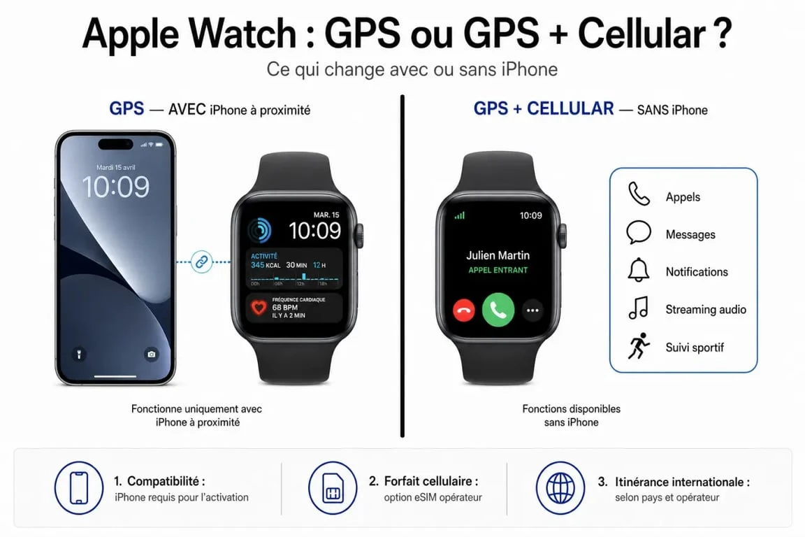 apple watch gps cellulaire : différences entre GPS et GPS + Cellular, usages avec ou sans iPhone