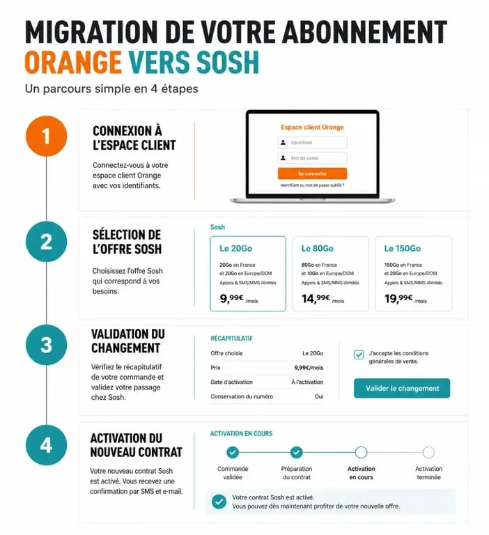 Infographie des étapes pour passer de Orange à Sosh : procédure de migration d'offre mobile et internet