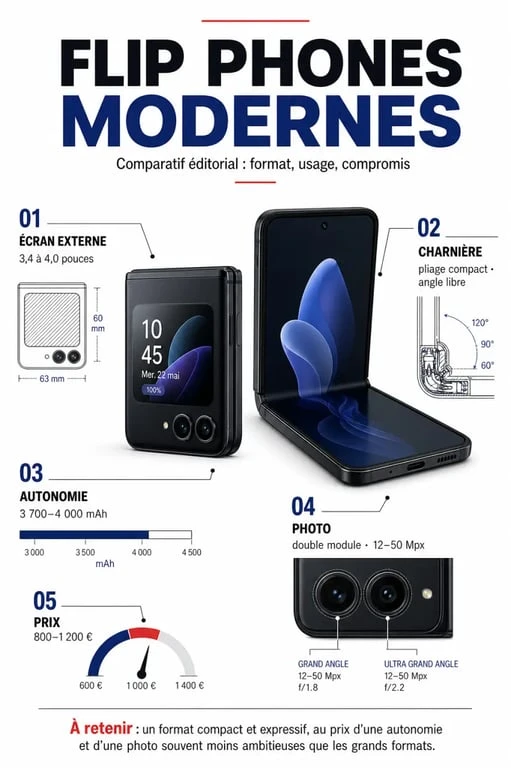 Flip phones modernes comparés selon l’écran externe, la charnière, l’autonomie, la photo et le prix
