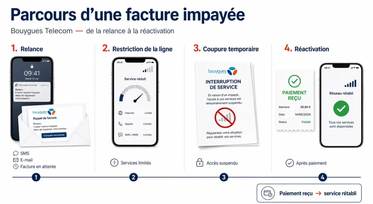 Au bout de combien de temps Bouygues coupe la ligne : schéma des étapes de relance, restriction et coupure après impayé