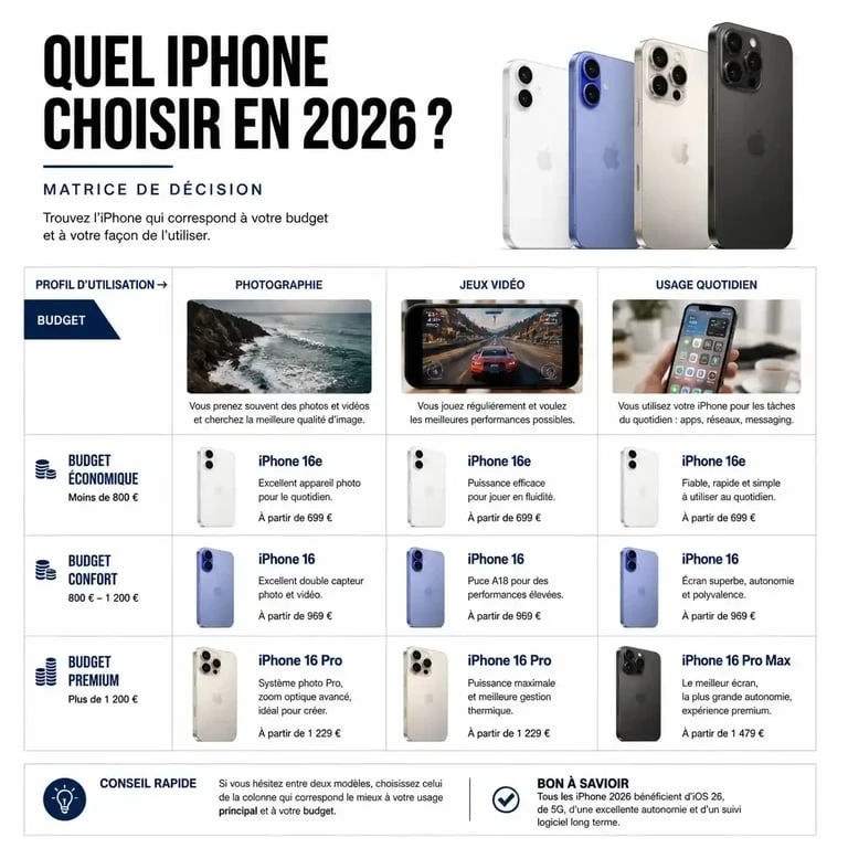 Infographie comparative pour savoir quel iPhone acheter en 2026 selon son budget et son usage