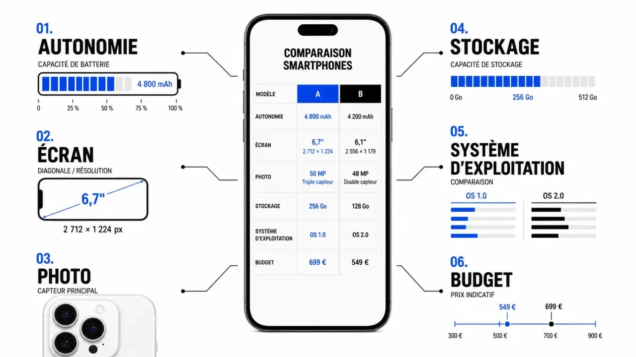 Comment choisir un telephone portable : comparaison visuelle des critères clés, autonomie, écran, photo, stockage et budget