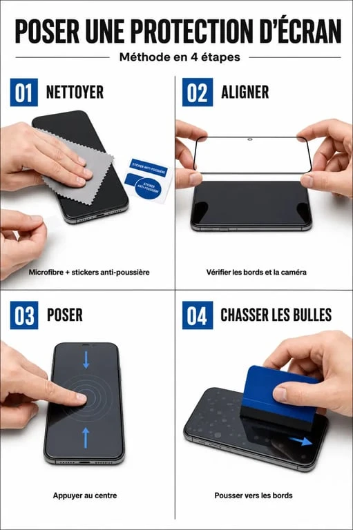 Poser protection écran sur smartphone : étapes de nettoyage, alignement et suppression des bulles