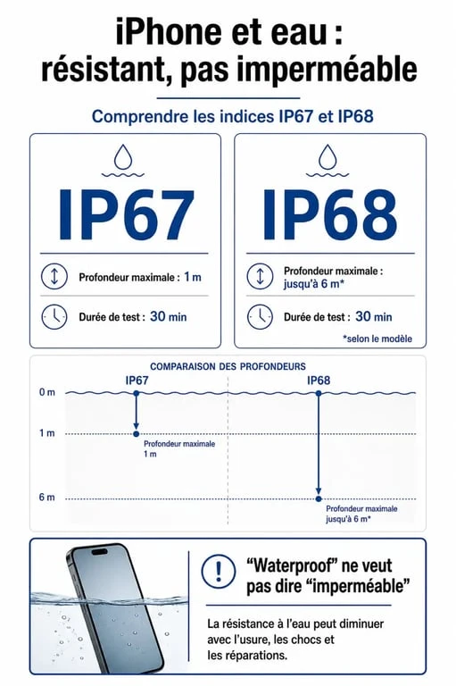 iphone waterproof : infographie comparative entre IP67 et IP68, profondeur, durée et limites d’usage