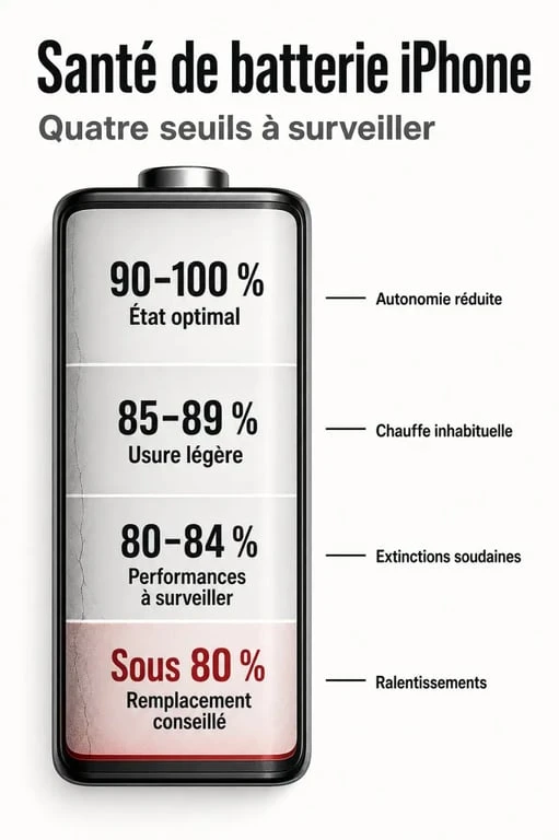À quel pourcentage changer batterie iphone : repères visuels entre 90 %, 85 %, 80 % et signes d’usure