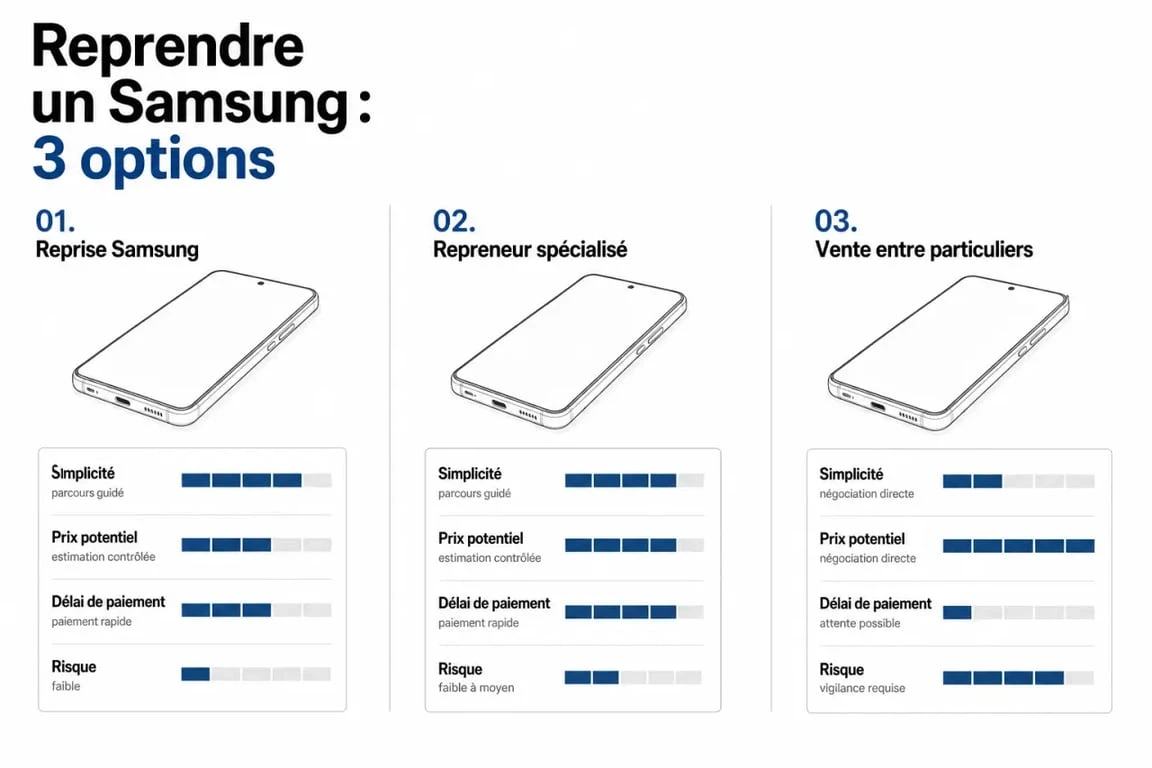 Estimation reprise samsung : comparaison visuelle entre reprise Samsung, repreneur spécialisé et vente entre particuliers