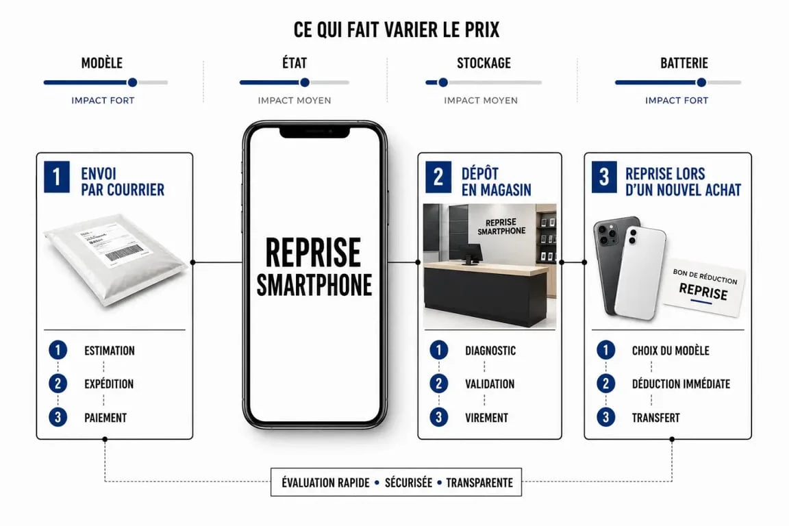 Reprise smartphone : schéma comparatif des modes de reprise et des critères qui influencent le prix