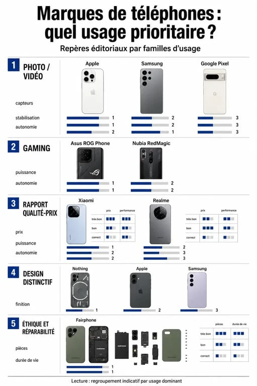 Marque de telephone : infographie comparative des marques selon la photo, le gaming, le rapport qualité-prix et l’éthique
