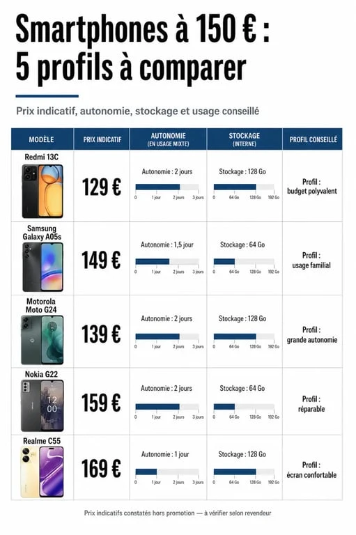 Comparatif smartphone a 150 euros avec prix, autonomie et stockage